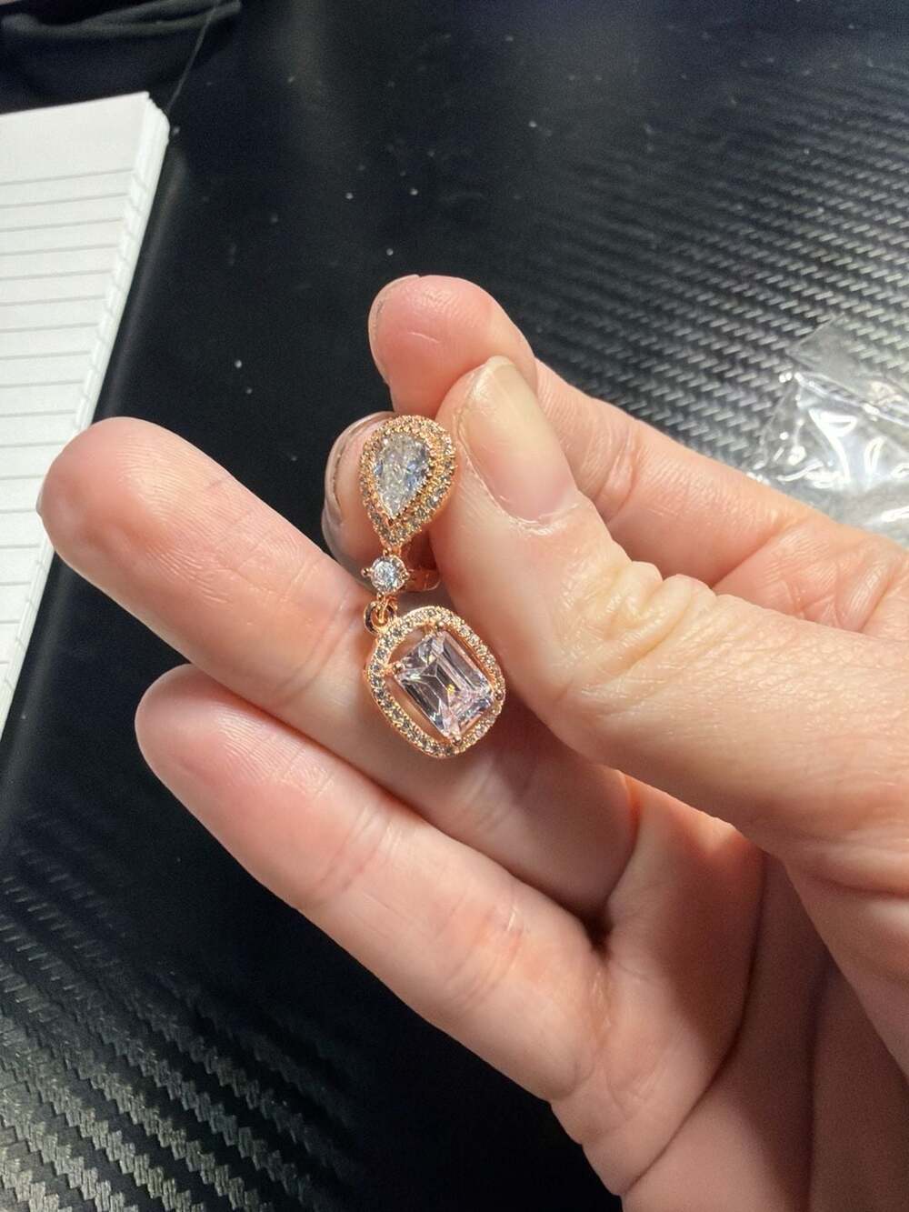 925 Sterling Silver Rose Gold-Tone Rectangular Emerald & Teardrop Moissanite Hal - Picture 2 of 2